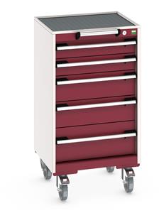 40402019.** Bott Cubio 5 Drawer Mobile Cabinet with external dimensions of 525mm wide x 525mm deep  x 985mm high. Each drawer has a 50kg U.D.L. capacity with 100% extension and the unit also features drawer blocking and safety interlocks....